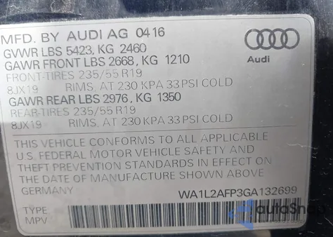 2016 Audi Q5 2.0T Premium из США, поврежденный, VIN WA1L2AFP3GA132699